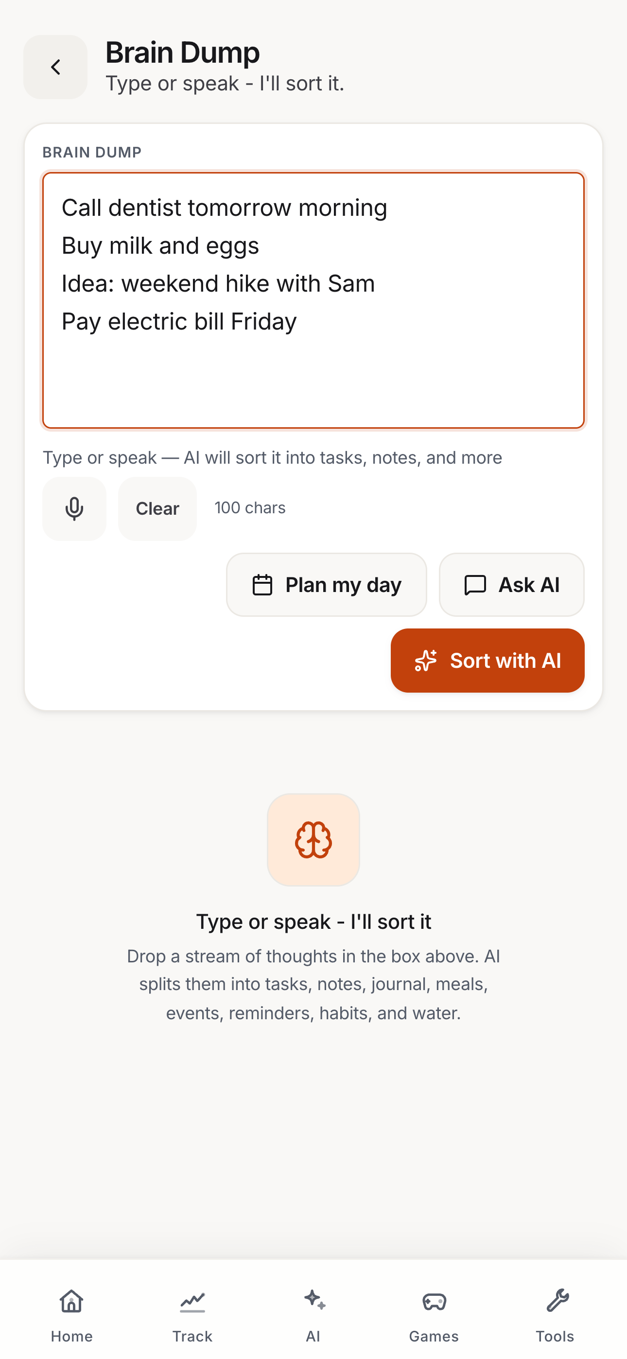 My Daily Tool Brain Dump composer sorting thoughts into tasks, notes and journal
