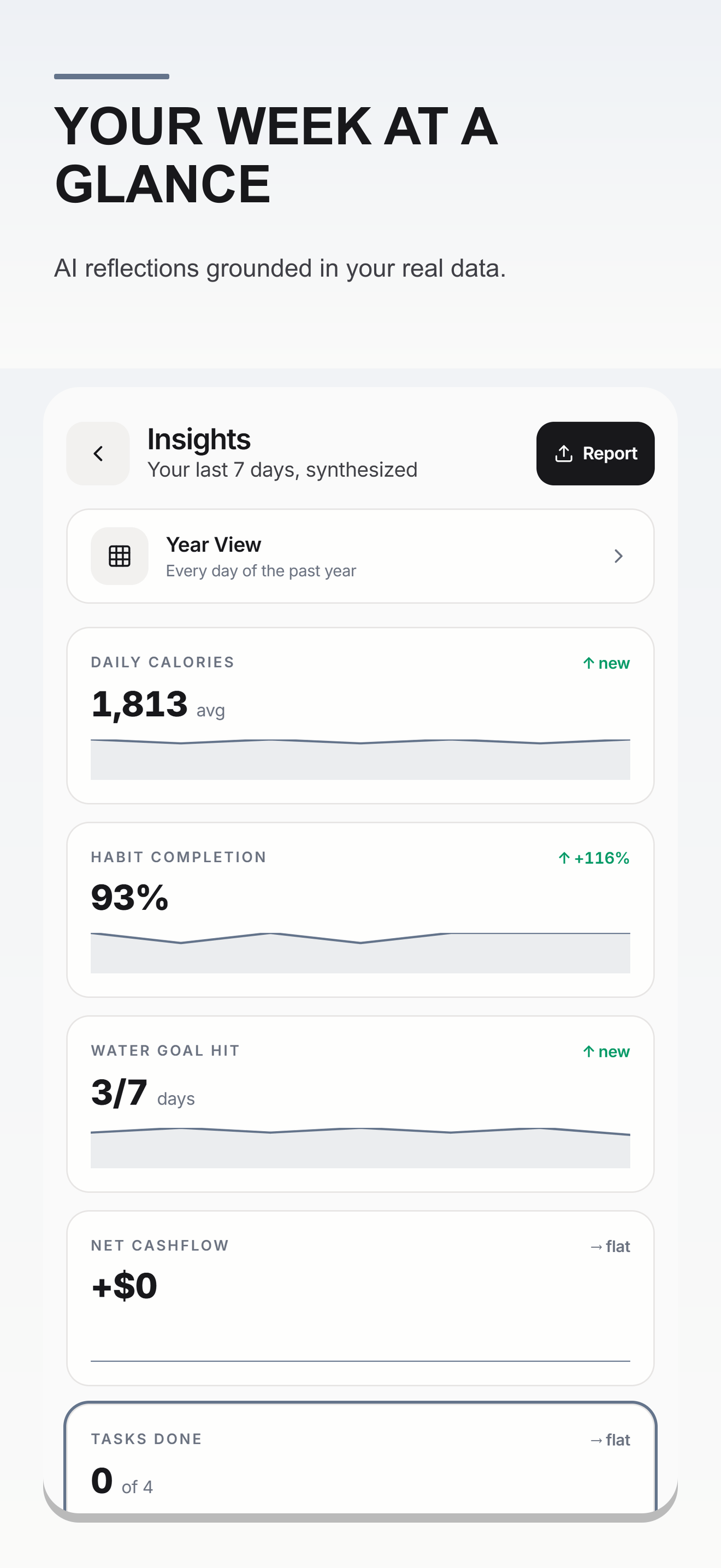 My Daily Tool insights screen showing cashflow and weekly trends