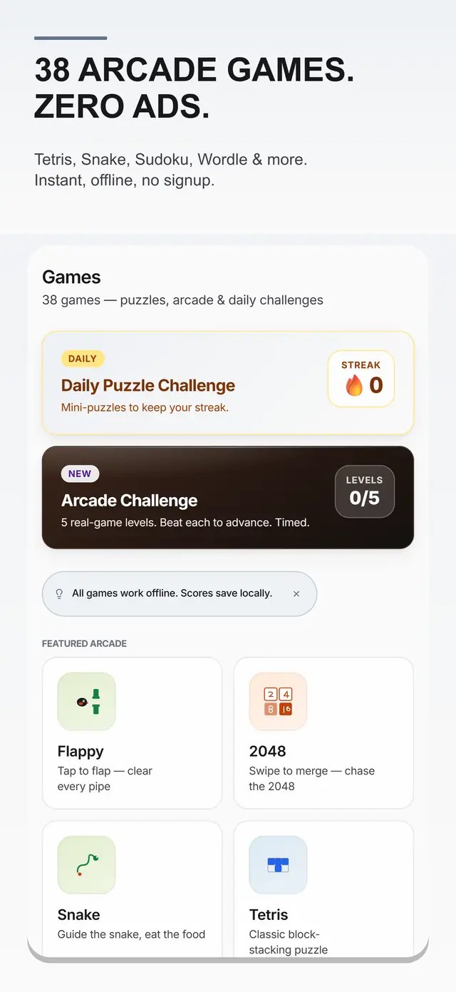 My Daily Tool Games screen showing a touch-friendly arcade grid