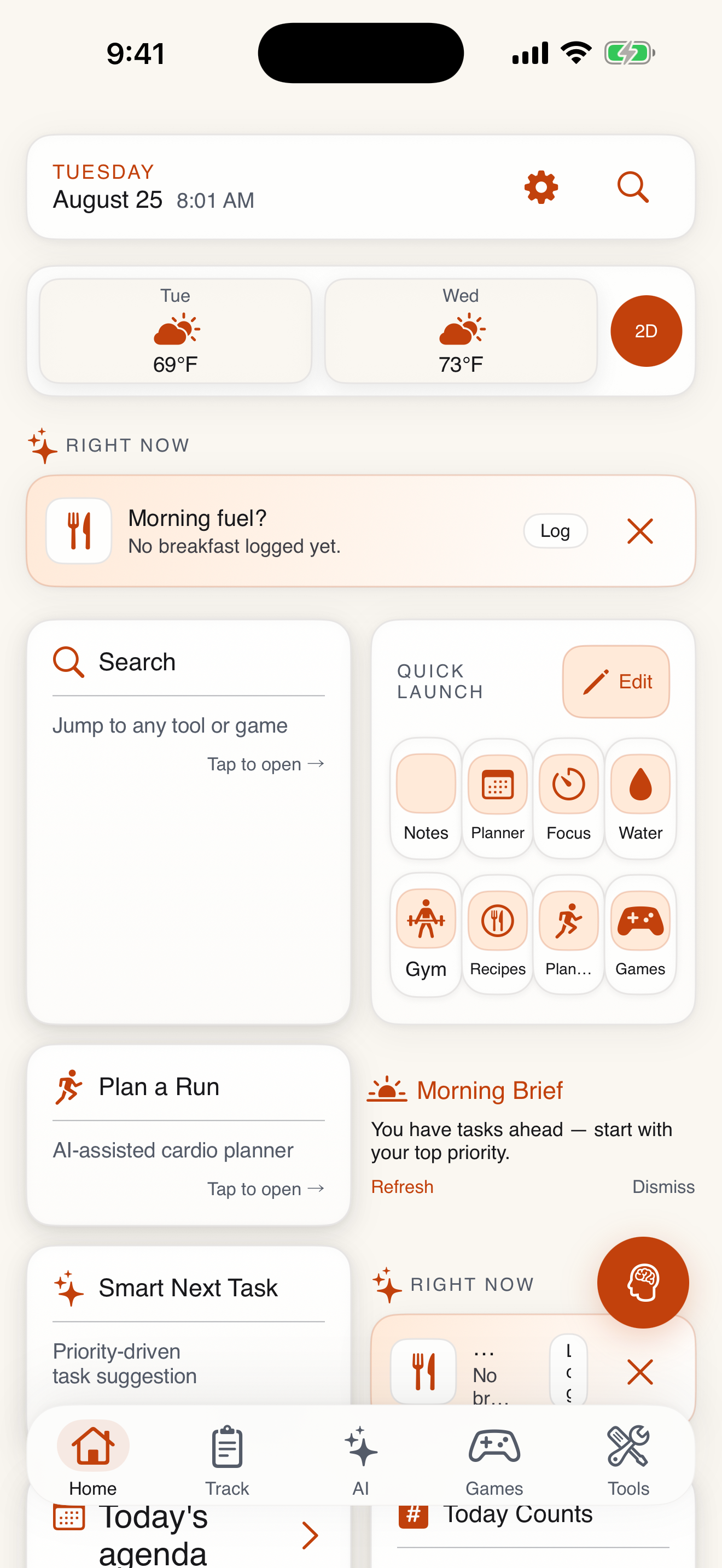 My Daily Tool home screen — morning brief